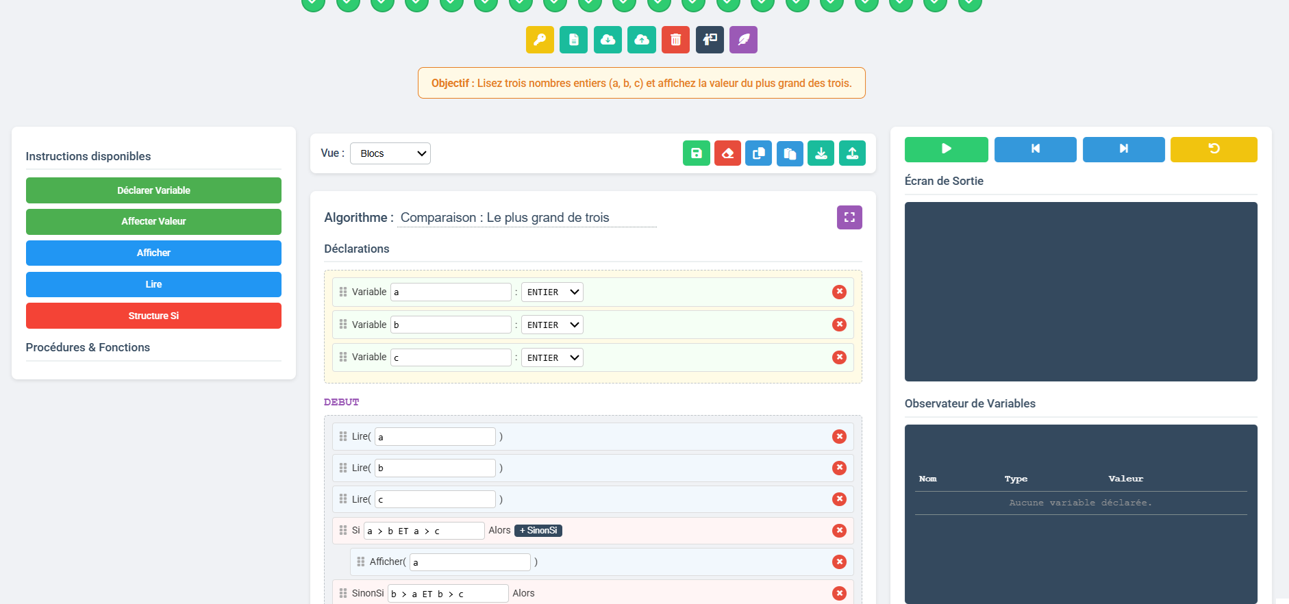 Capture d'écran de l'Interpréteur Algorithmique